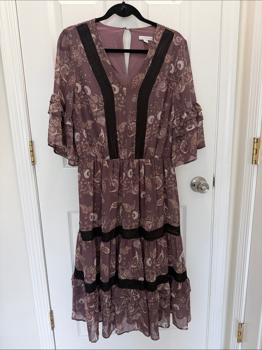 New York & Company Mauve Paisley Midi Dress with Black Trim